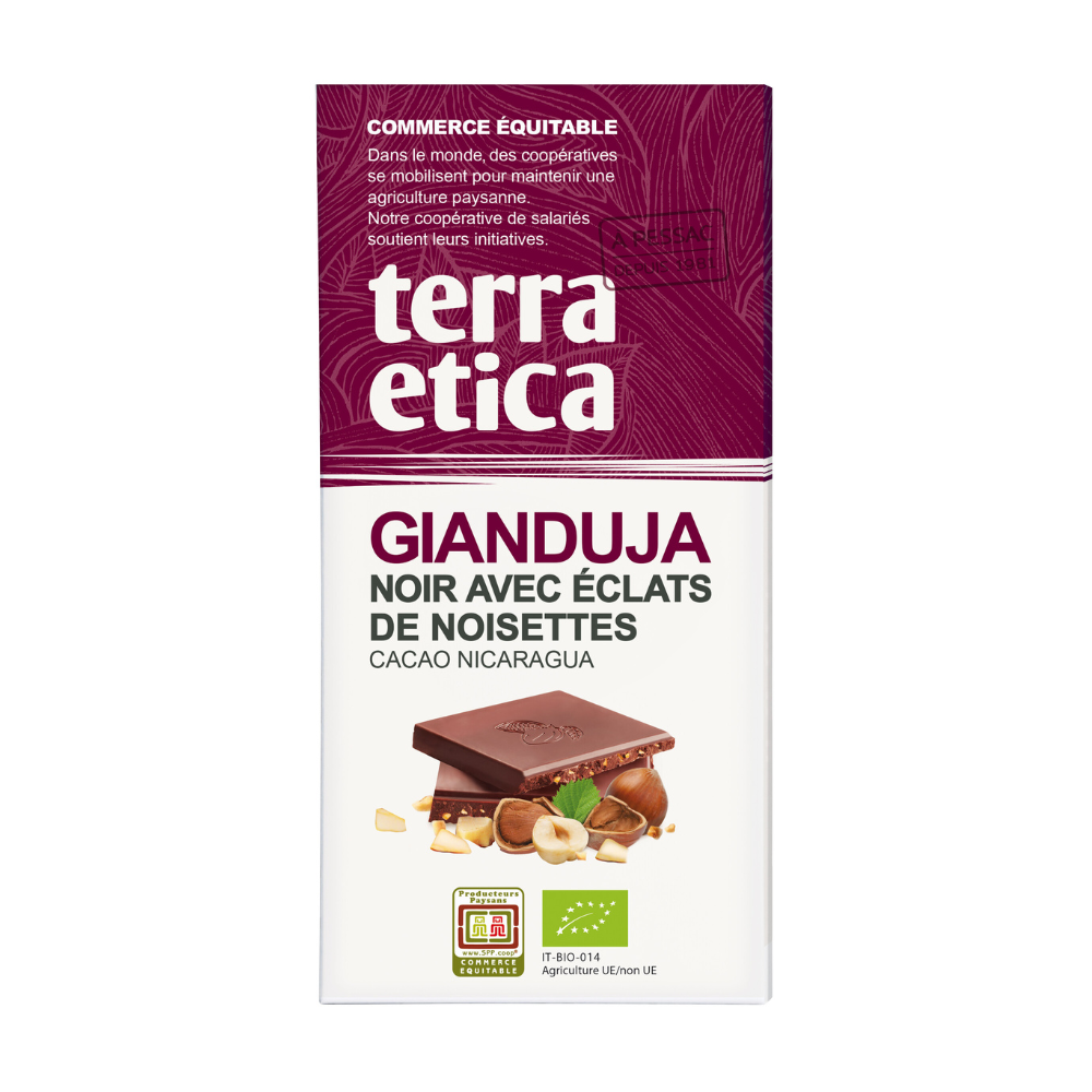 Chocolat noir gianduja aux éclats de noisette bio et équitable