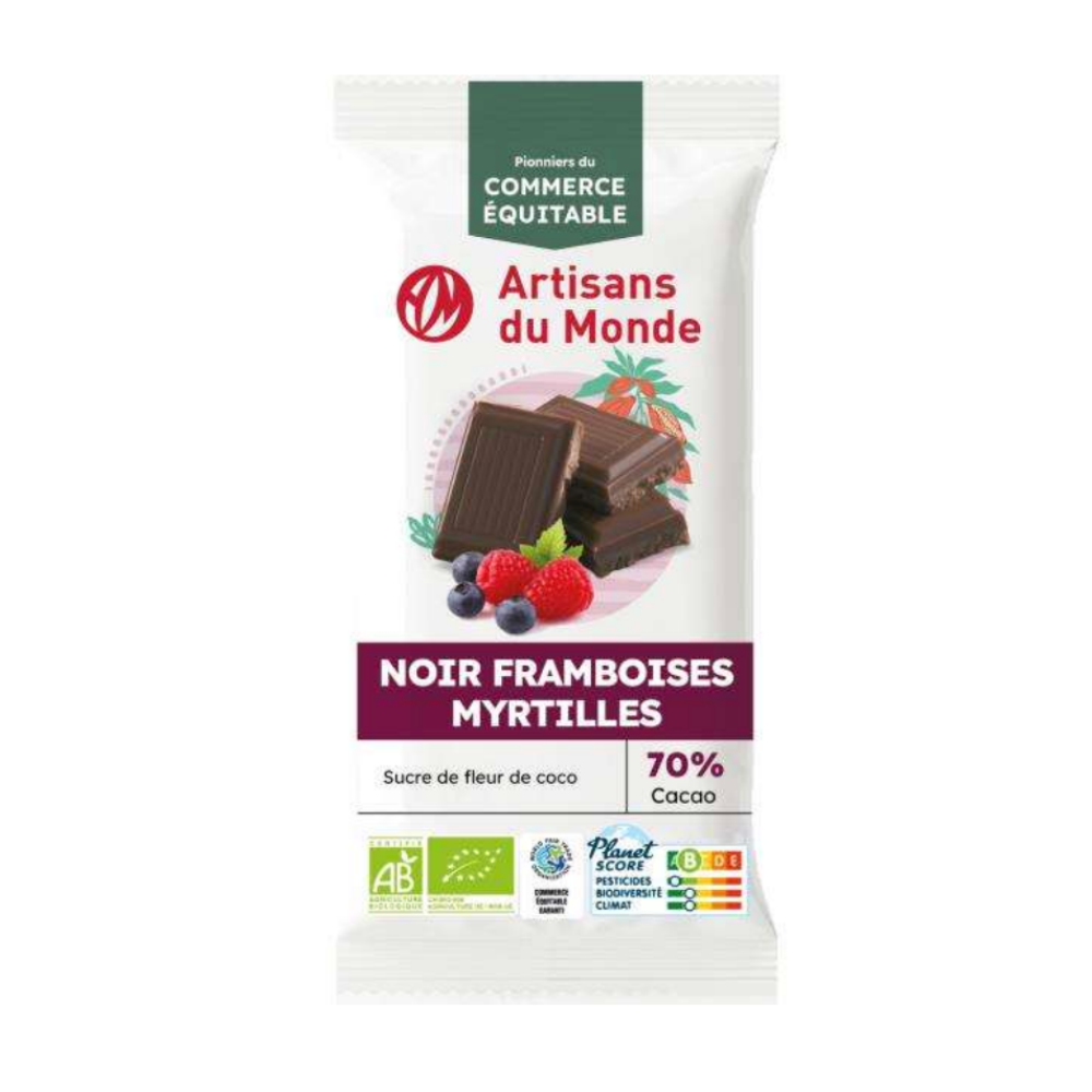 Chocolat noir 80% framboise & myrtille bio equitable