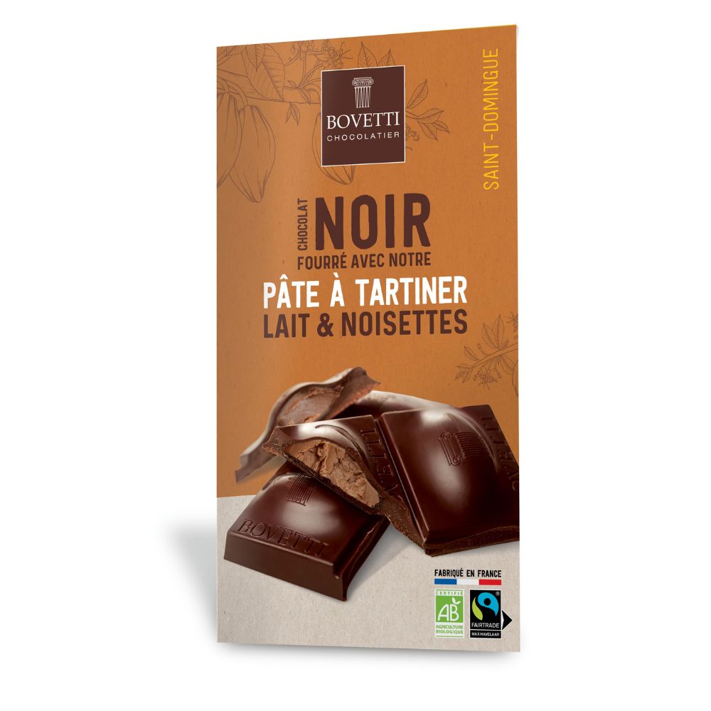 Tablette chocolat noir fourrée à la pâte à tartiner lait et noisettes bio et équitable