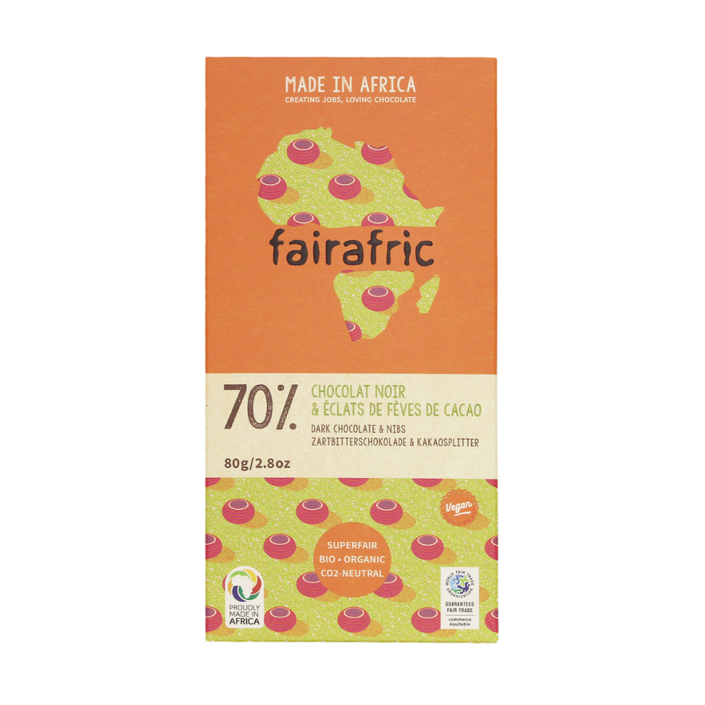 Chocolat noir 70% pépites de cacao bio et equitable
