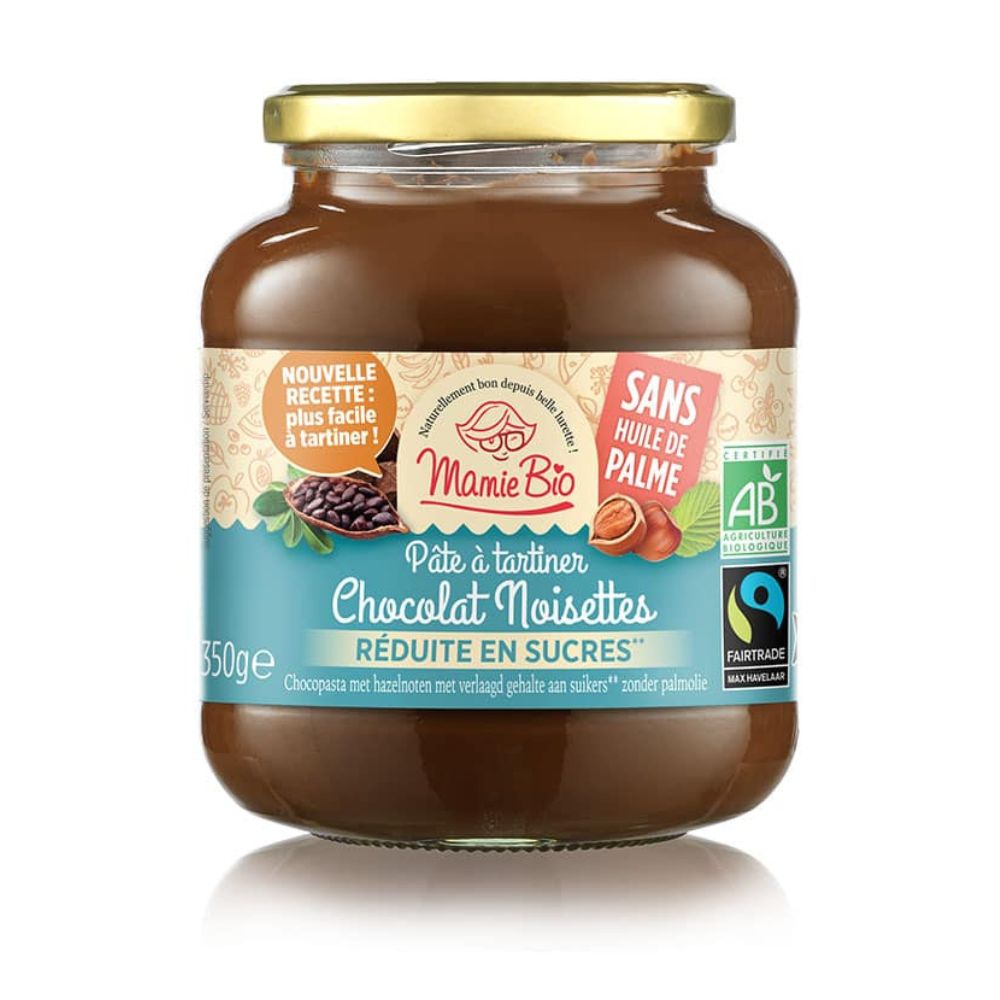 Pâte à tartiner noisettes cacao réduite en sucres bio et équitable