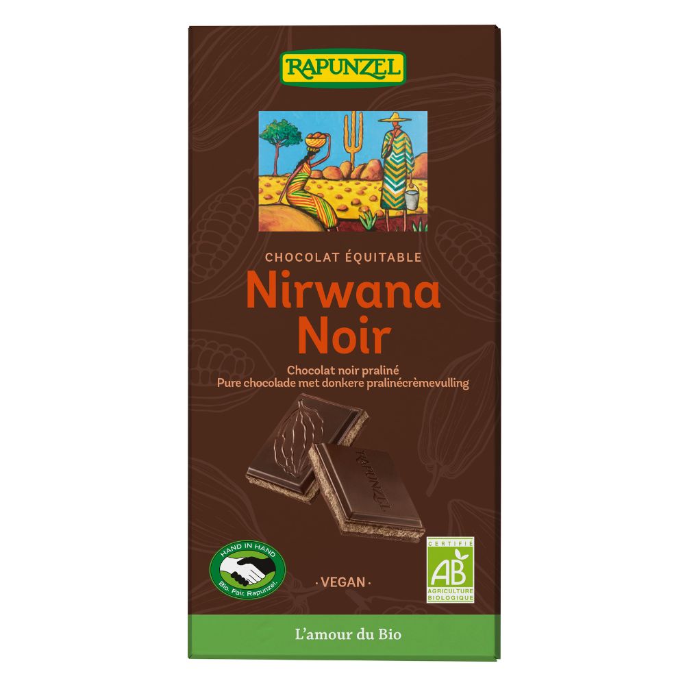 Chocolat nirwana noir 55% de cacao fourré praliné bio et équitable