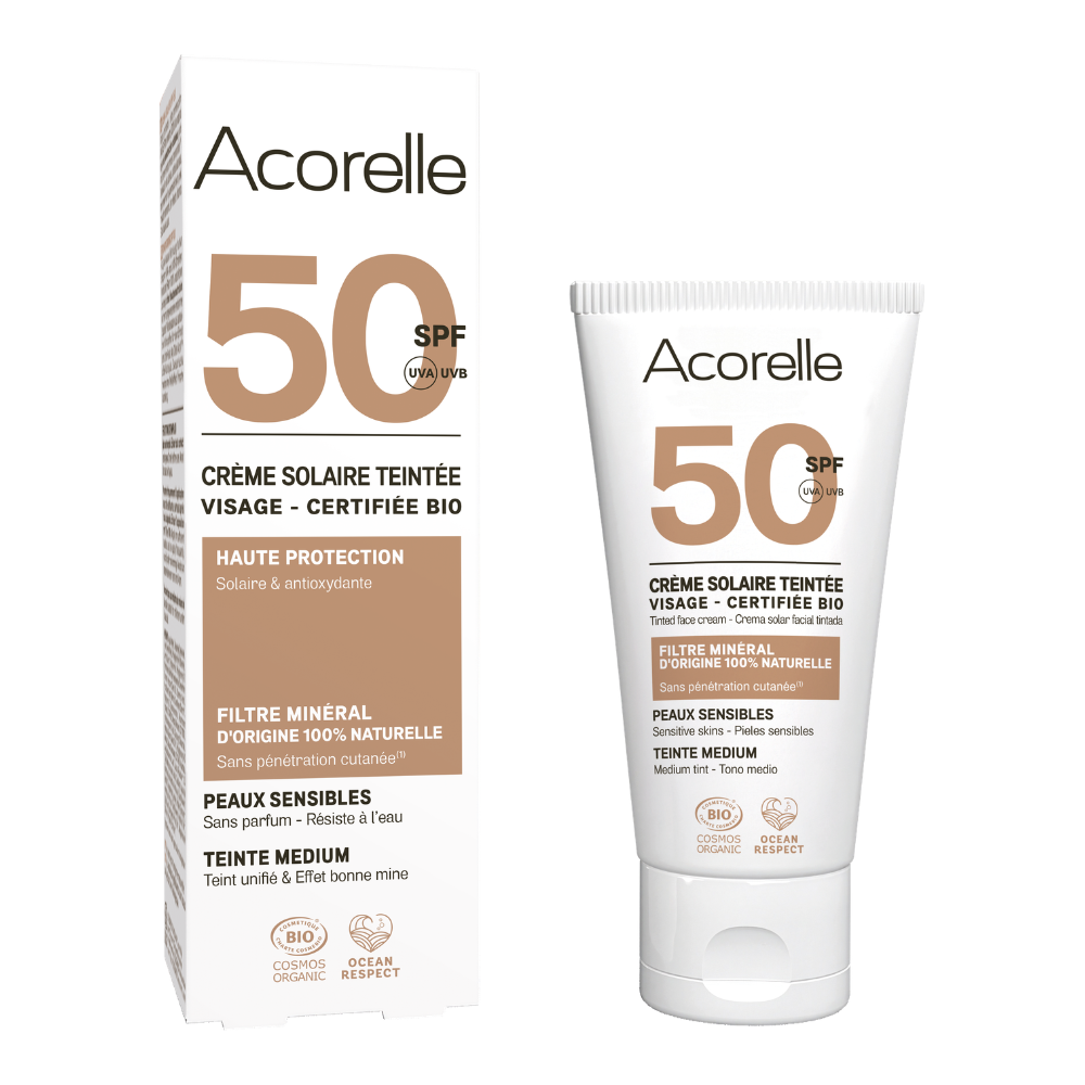 Crème solaire visage teintée médium SPF50 certifiée bio