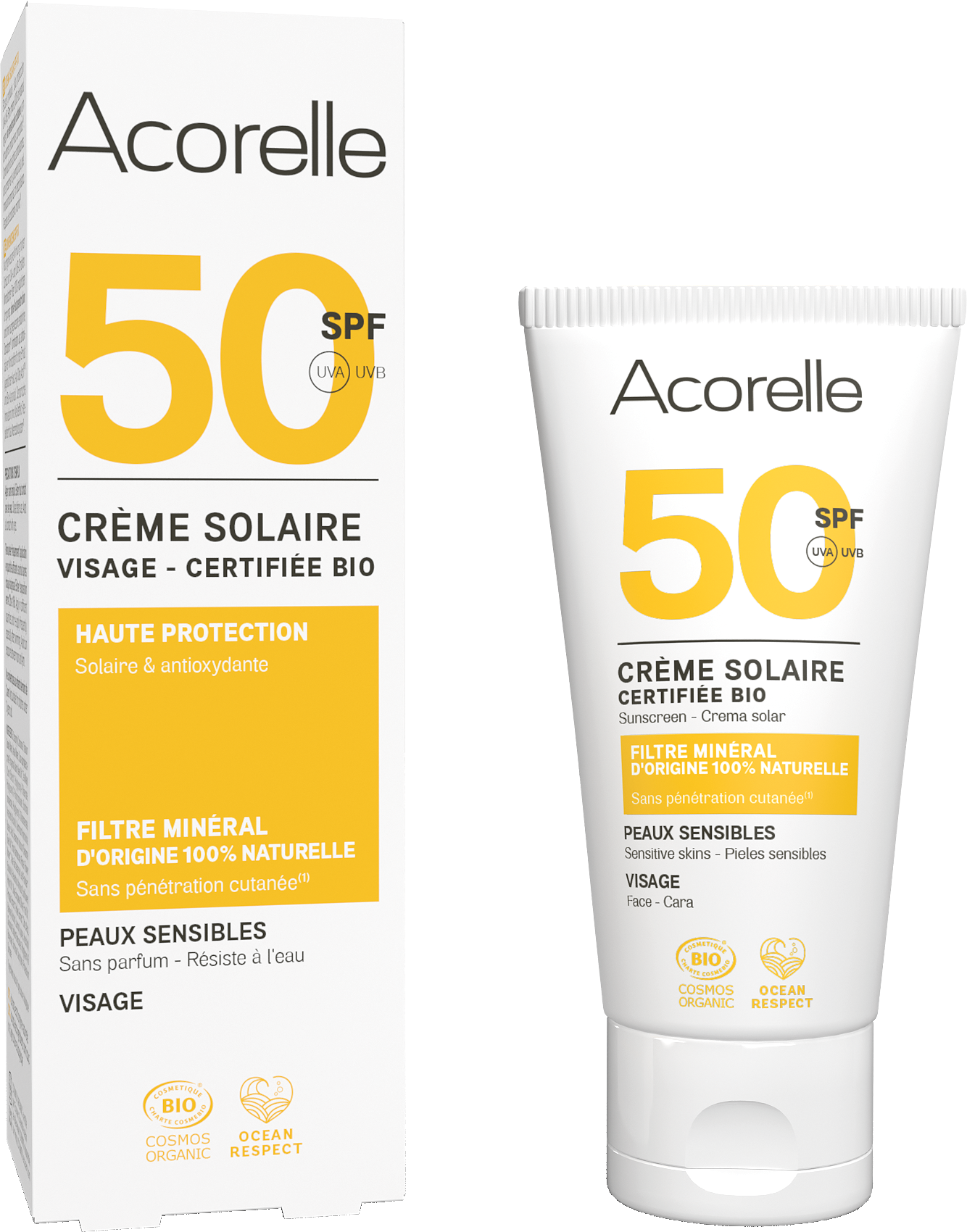 Crème solaire visage SPF50 sans effet blanc certifié bio