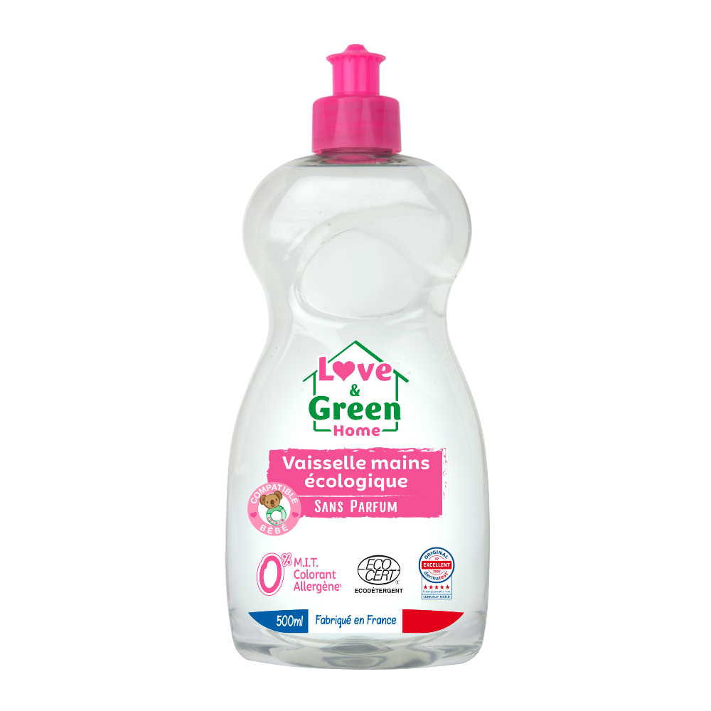 Liquide vaisselle sans parfum hypoallergénique certifiée Ecodétergent