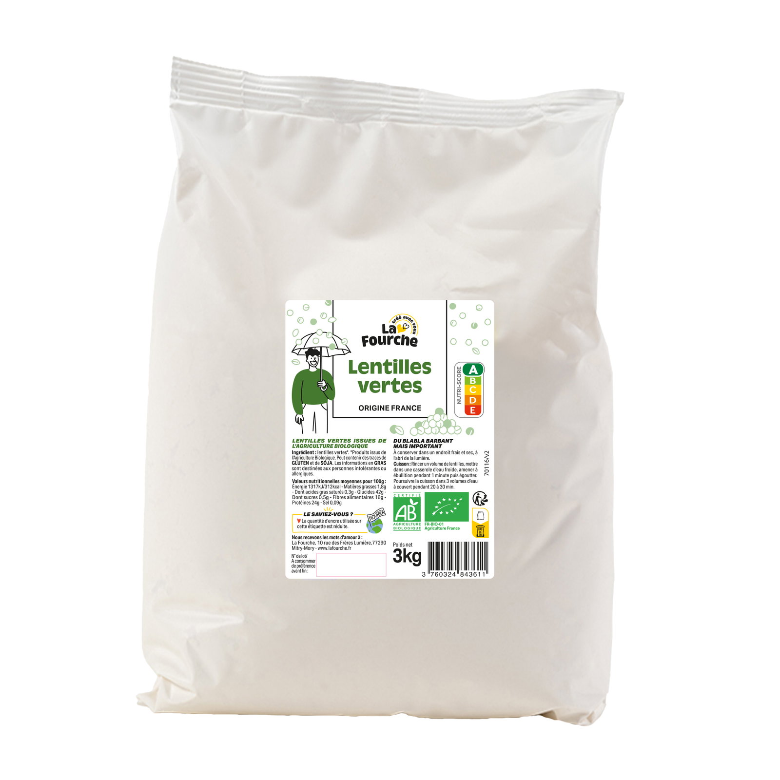 Lentilles vertes bio origine France  - 3kg