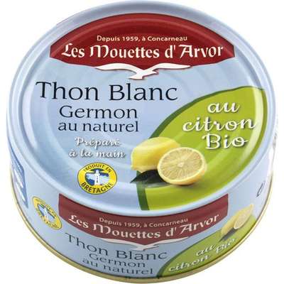Thon blanc germon au naturel et citron BIO, Les Mouettes d'Armor (160 g)