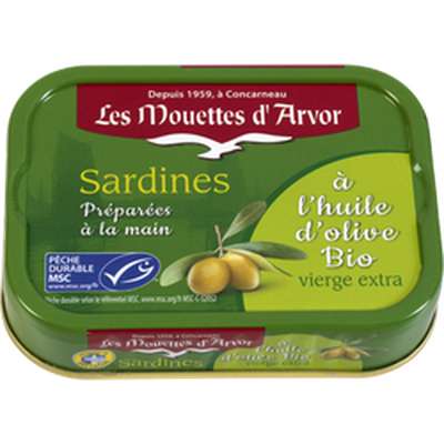 Sardines à l'huile d'olive vierge extra BIO, Les Mouettes d'Arvor (115 g)