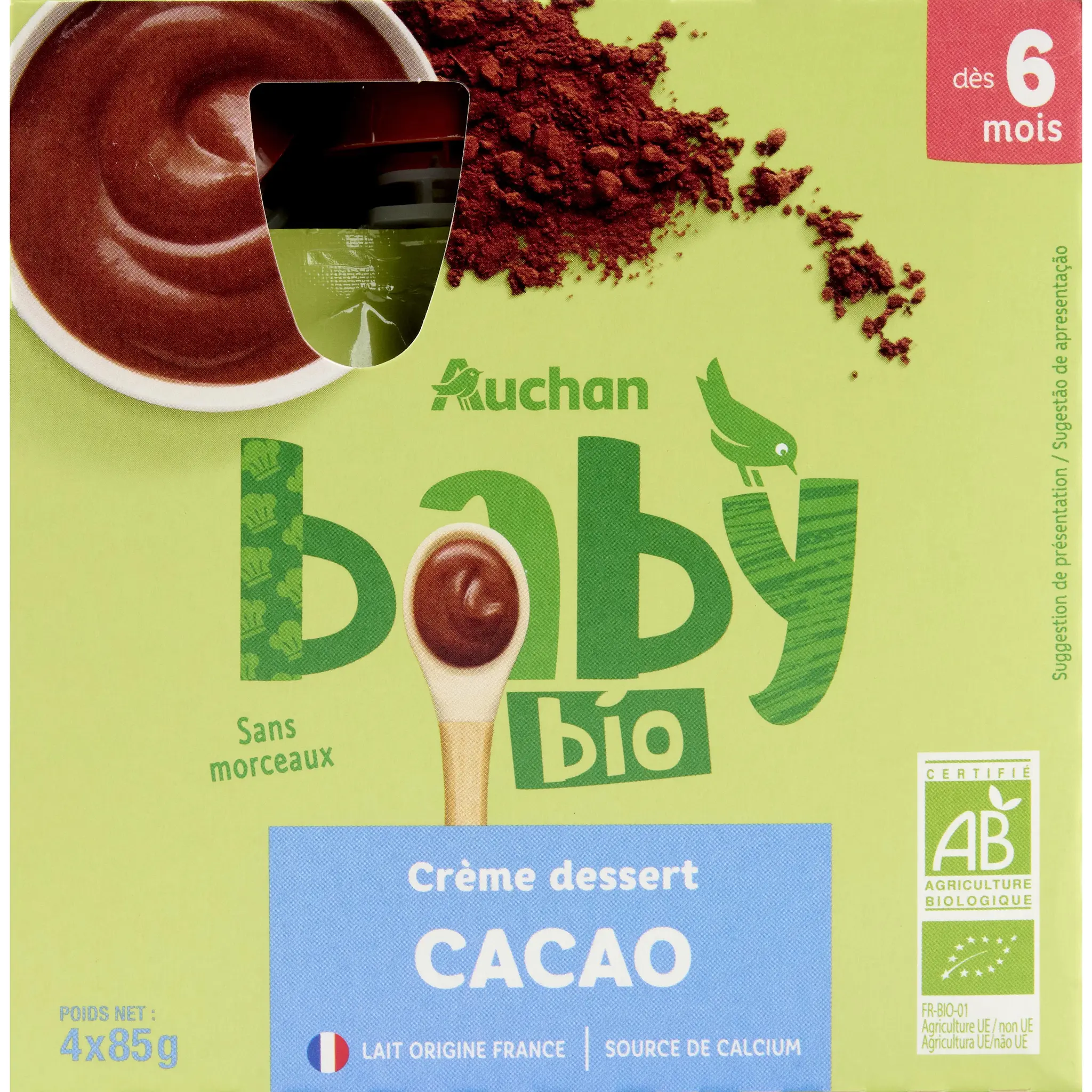 AUCHAN BABY BIO Gourde crème dessert saveur cacao dès 6 mois