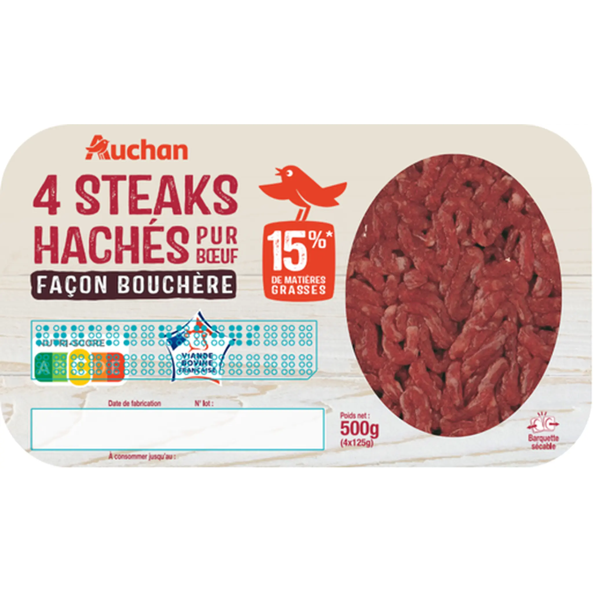 AUCHAN Steaks hachés pur bœuf façon bouchère 15%MG