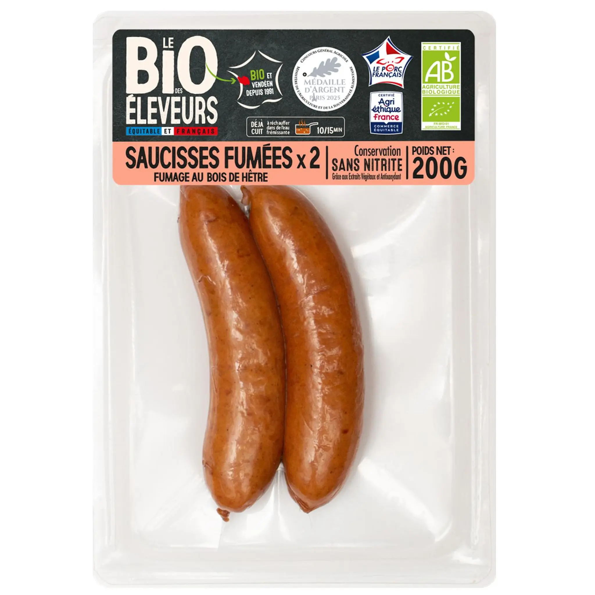 LE BIO DES ELEVEURS Saucisses fumées au bois de hêtre VPF sans nitrites
