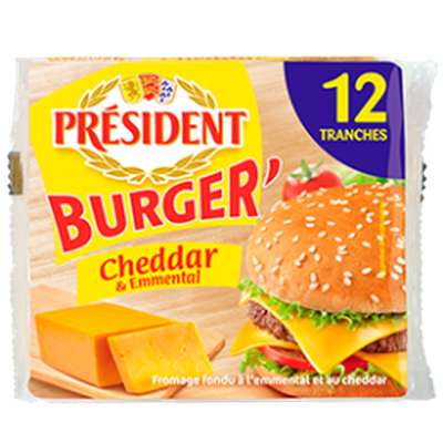 Cheddar et emmental Burger en tranches, Président (x 12, 200 g)