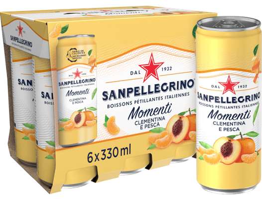 Pack de boisson gazeuse aromatisée cleméntine pêche, San Pellergino momenti (6 x 33 cl)