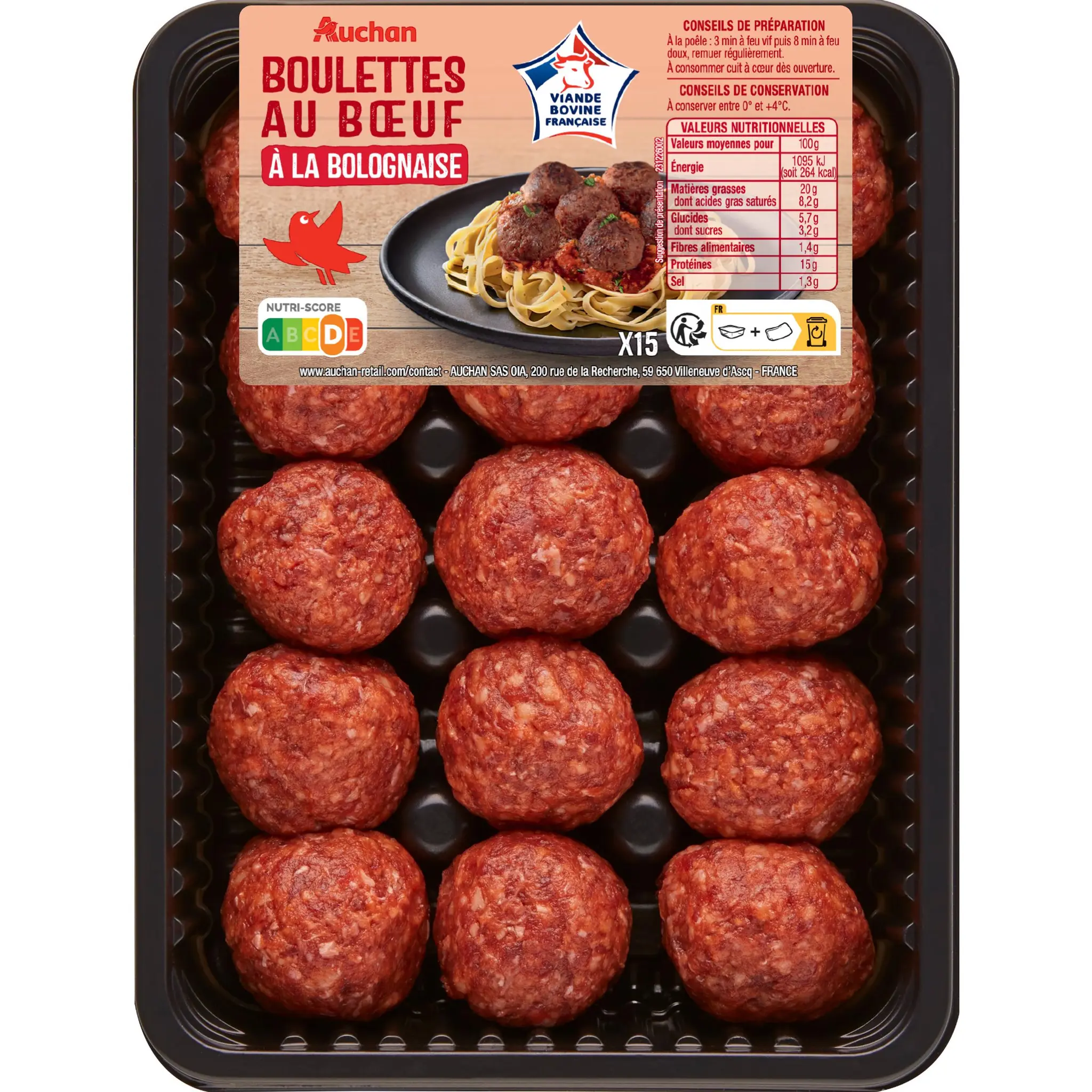 AUCHAN Boulettes au bœuf à la bolognaise