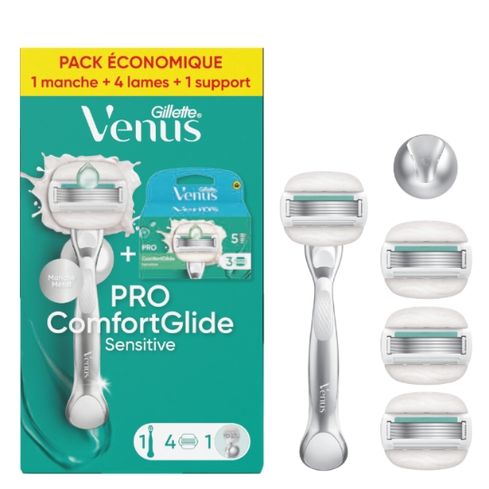 Rasoir Pro ComfortGlide Sensitive avec 1 Manche + 4 Recharges De Lames De Rasoir + 1 Support De Douche VENUS