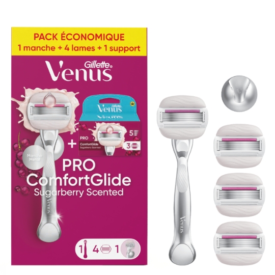 Rasoir pour Femme Pro ComfortGlide Parfum Sugarberry 1 Manche Métal + 4 Recharges de Lames + 1 Support VENUS