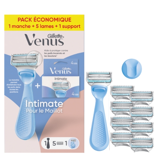 Rasoir Intimate Pour Le Maillot avec 1 Manche + 5 Recharges De Lames De Rasoir + 1 Support De Douche VENUS