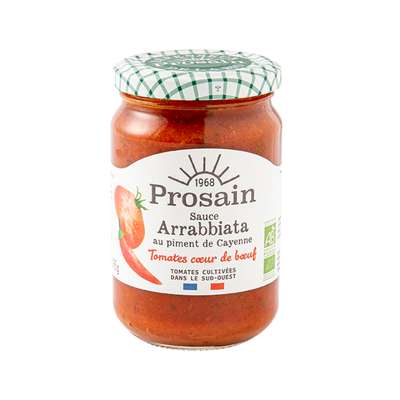 Sauce arrabbiata (tomate coeur de boeuf du Sud Ouest, cuisinée et relevée) BIO, Prosain (295 g)