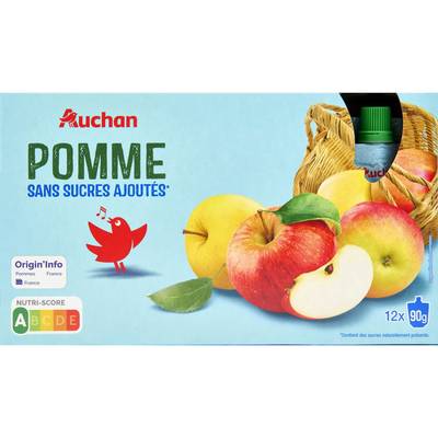 Auchan Gourdes purée de pomme sans sucres ajoutés, 12 gourdes de 90g