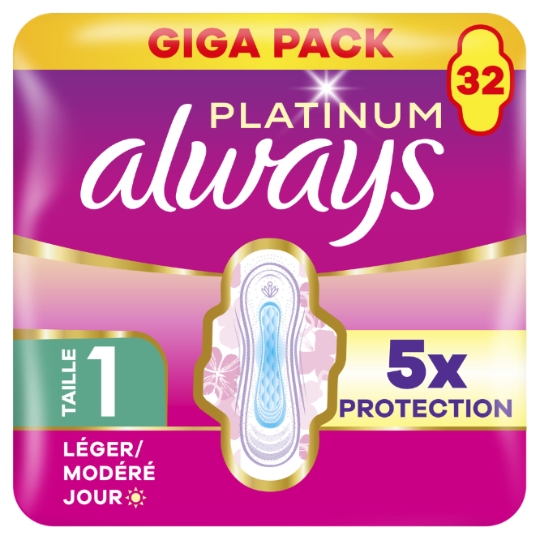 Serviettes Hygiéniques Platinum Avec Ailettes Flux Léger / Modéré Jour Taille 1 ALWAYS