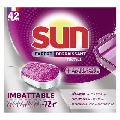 Sun Tablettes lave-vaisselle Tout en 1 Anti-tâches Expert Dégraissant, 42 lavages