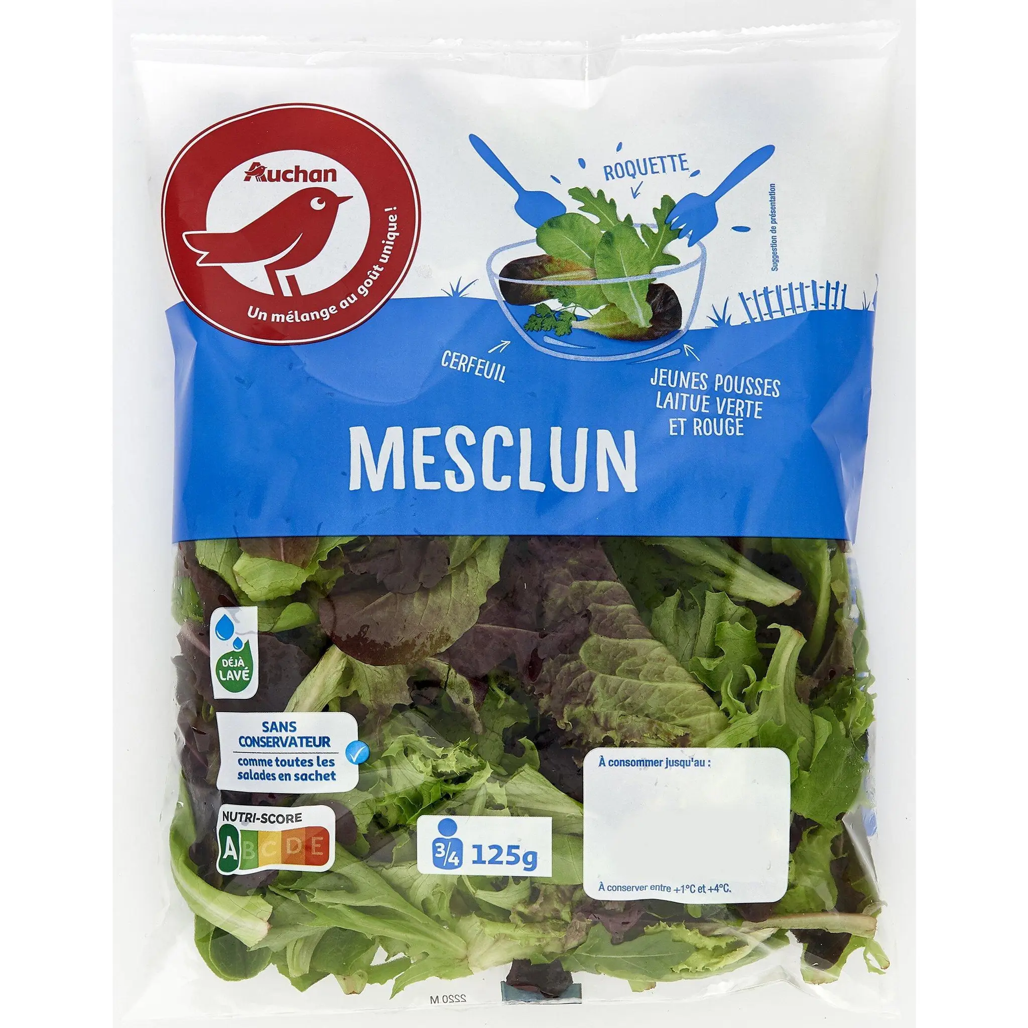 AUCHAN Mesclun roquette jeunes pousses de laitue et cerfeuil