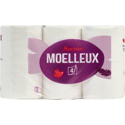 Auchan Papier toilette moelleux blanc, 6 rouleaux
