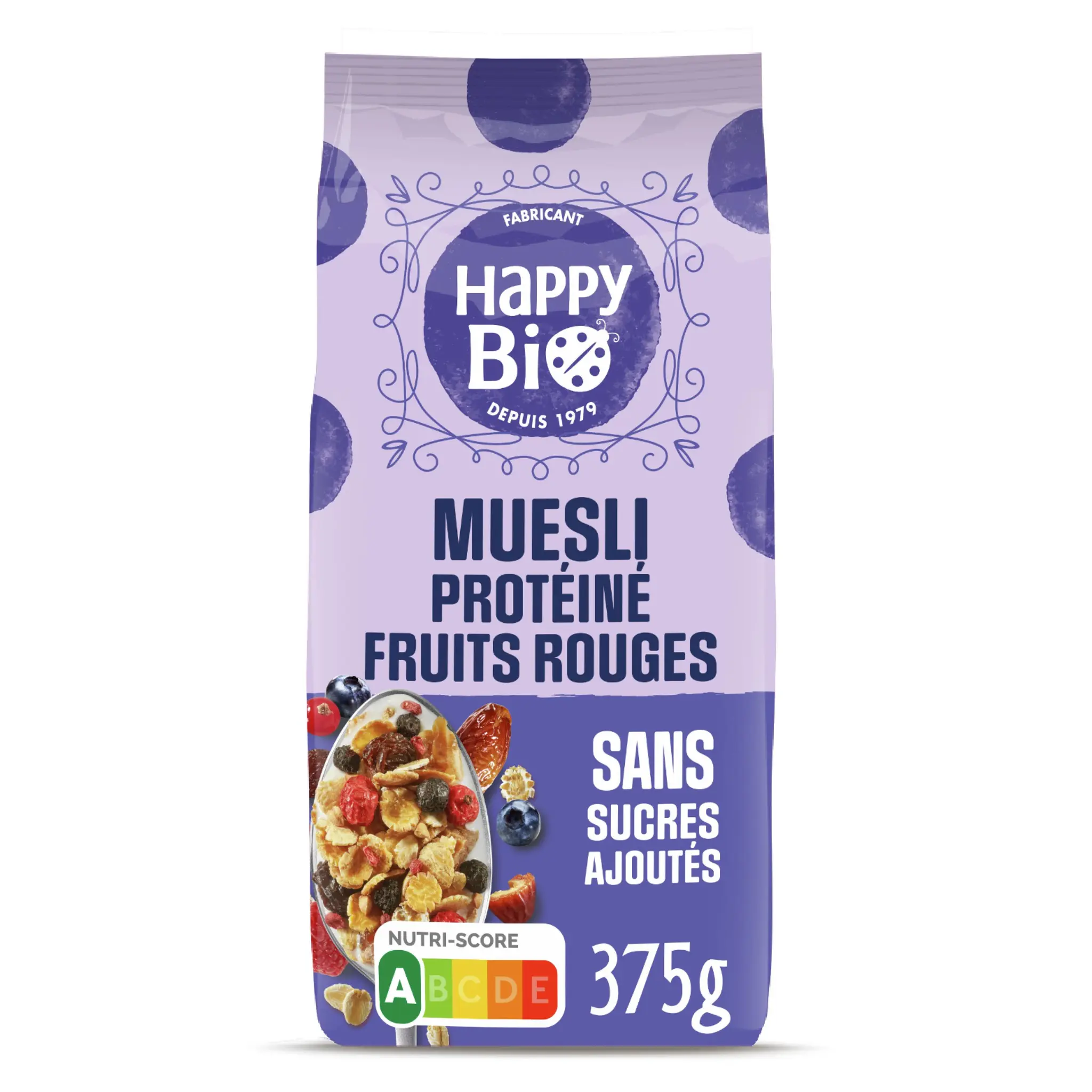 HAPPY BIO Muesli protéiné aux fruits rouges sans sucres ajoutés