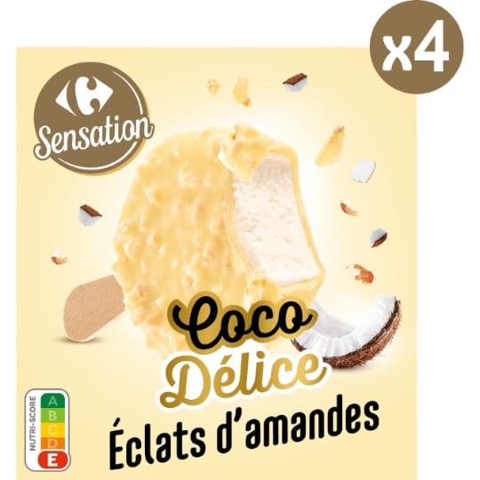 Glaces Bâtonnets Coco Chocolat Blanc et Amandes CARREFOUR SENSATION