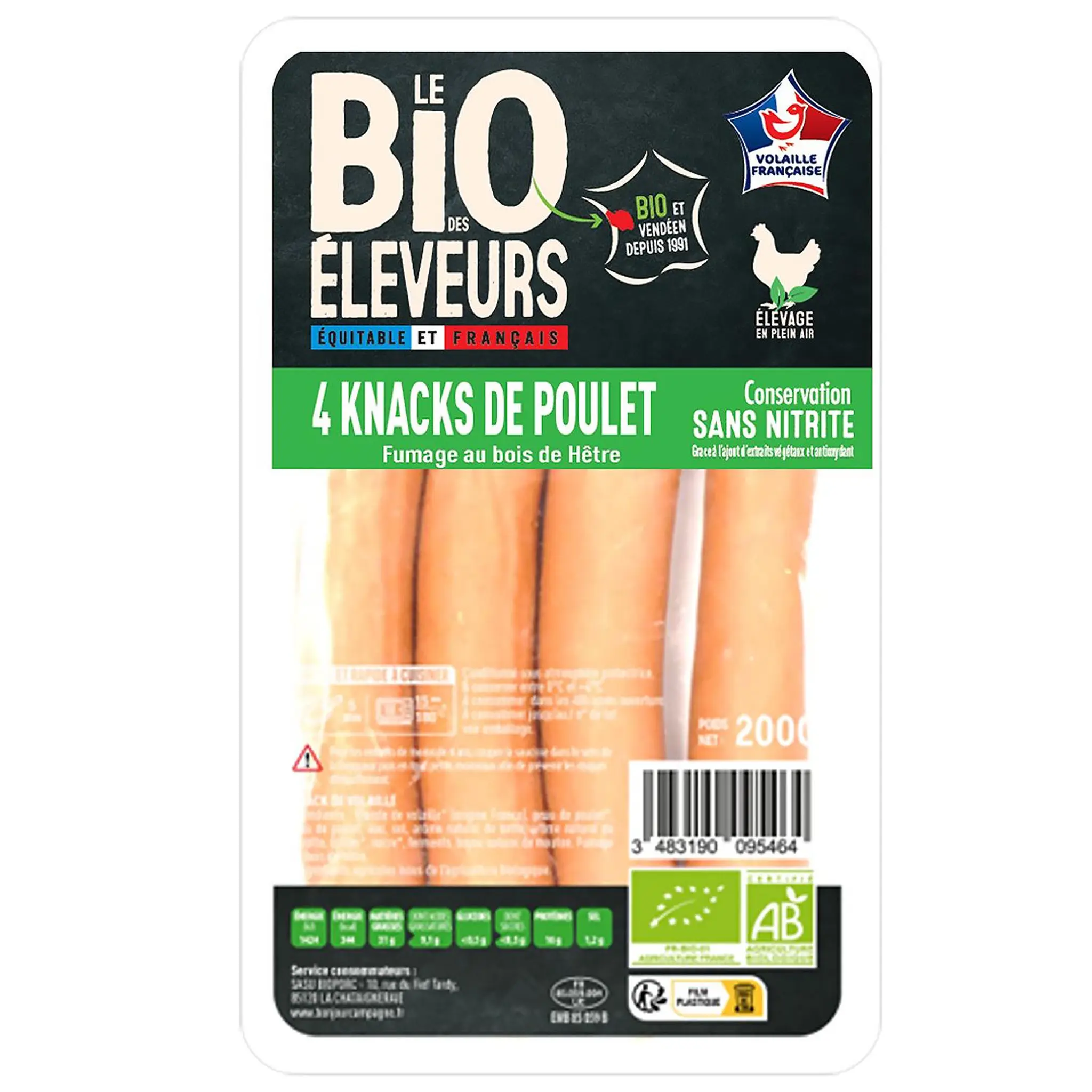 LE BIO DES ELEVEURS Knacks de poulet bio sans nitrites