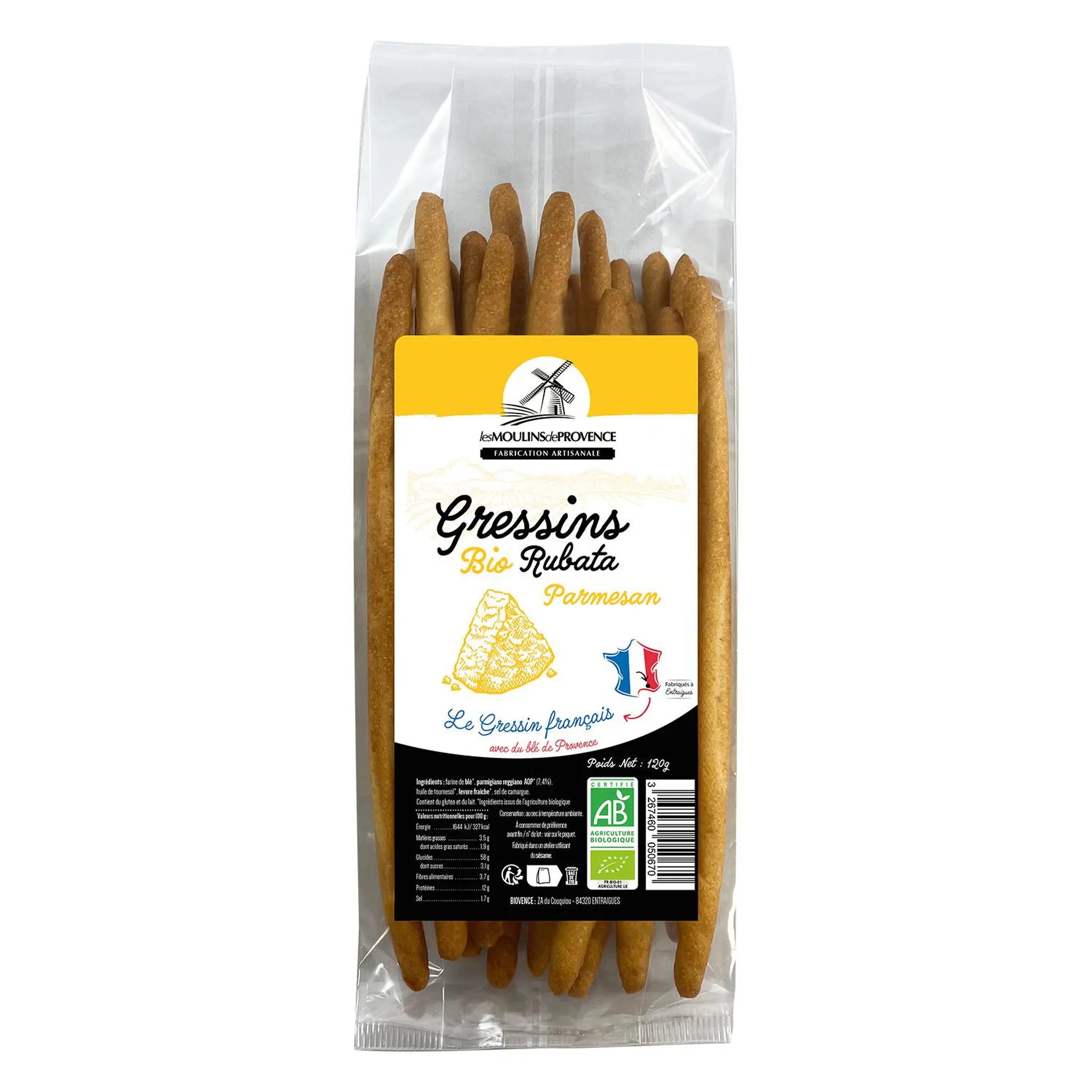 LES MOULINS DE PROVENCE Gressins rubata bio au parmesan