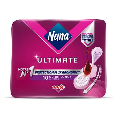 Nana Serviettes Hygiéniques avec Ailettes Ultra Long+ Flux Abondant Ultimate, 10 serviettes