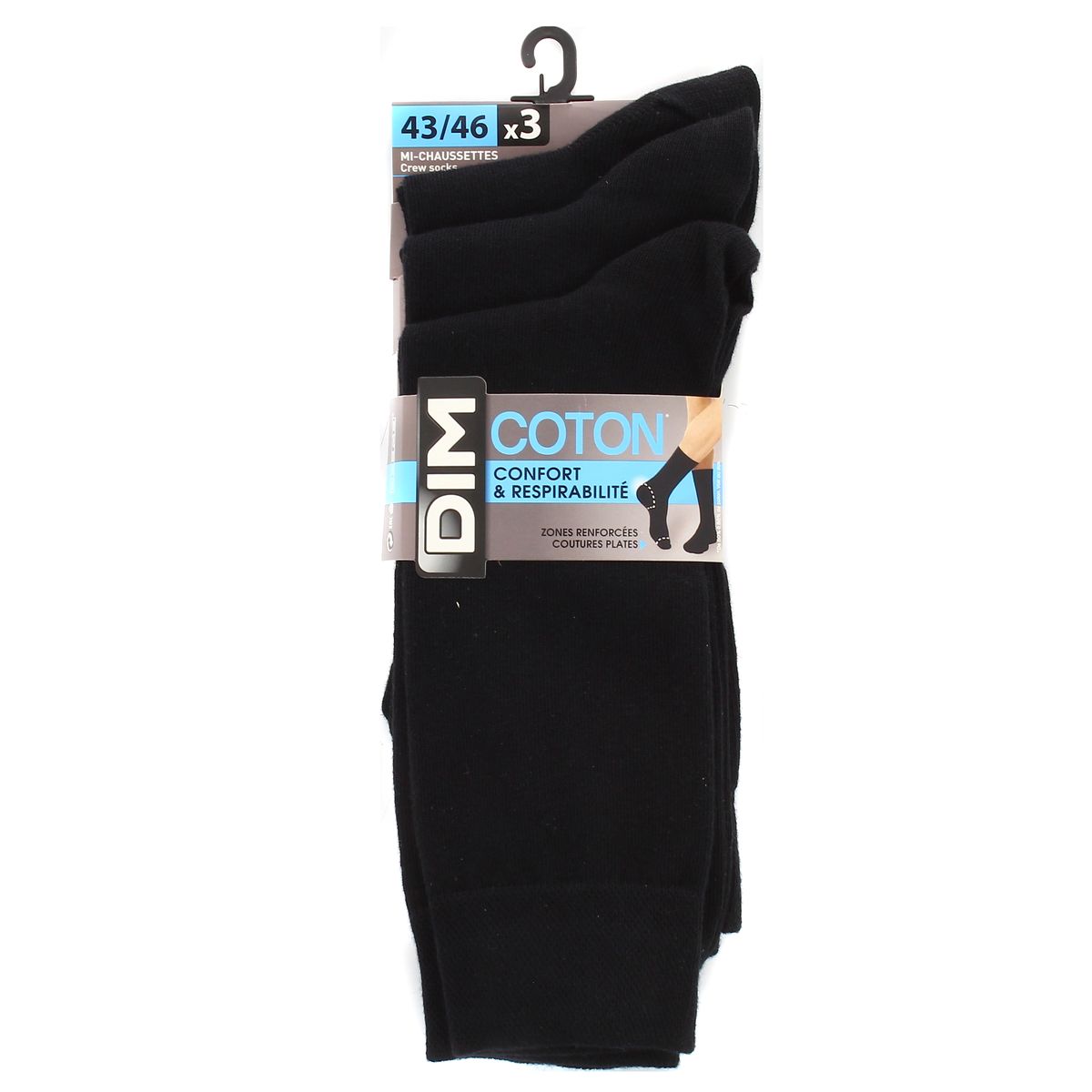 Dim Mi Chaussettes Coton Noires x3, Taille 43/46