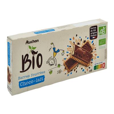 Auchan BIO Biscuits barres au chocolat fourrées au lait bio, 6 biscuits - 125g