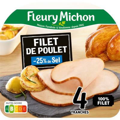 Fleury Michon Filet de Poulet, Taux de Sel Réduit - 25%*, 4 tranches - 120g