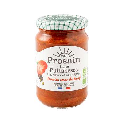 Sauce Puttanesca (tomate coeur de boeuf du Sud Ouest, aux olives et câpres) BIO, Prosain (295 g)