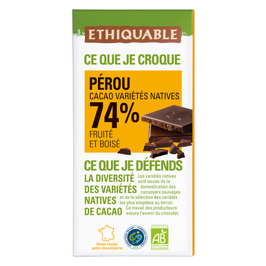 ETHIQUABLE - Chocolat noir 74% Côte d'Ivoire BIO - la tablette de 100g