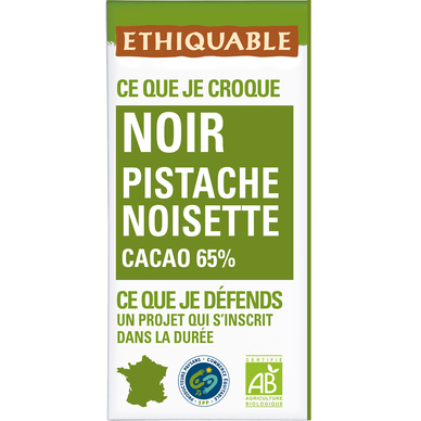 Chocolat noir 65% pistache noisette bio ETHIQUABLE, tablette 100g