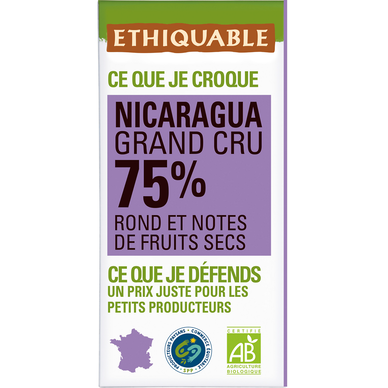 ETHIQUABLE - Chocolat noir 75% Nicaragua BIO - la tablette de 100g