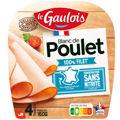 Blanc de poulet sous atmosphère contrôlée sans ogm conservation sans nitrite LE GAULOIS 4 tranches 160g