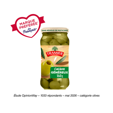 Olives vertes dénoyautées calibre généreux zéro résidus de pesticidesTRAMIER 160g
