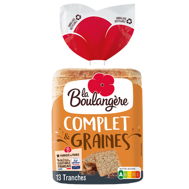 Pain de mie complet et graines grandes tranches LA BOULANGERE - 13 tranches - 500g