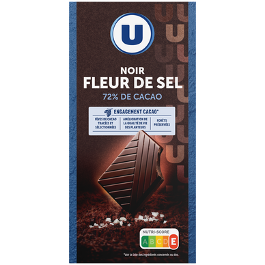Chocolat noir dégustation 72% de cacao et fleur de sel Tablette de100g