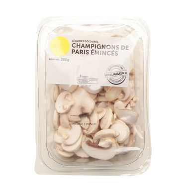 Champignon Paris blanc émincé, barquette 200g