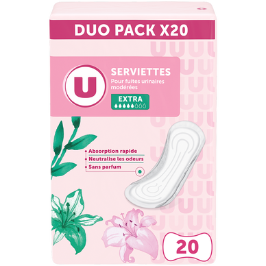 Serviettes U incontinence extra duopack x20