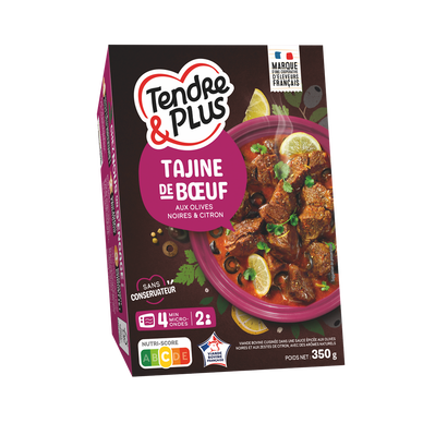 Tajine boeuf aux olives cuit, VBF, Tendre plus, France, barquette 350g