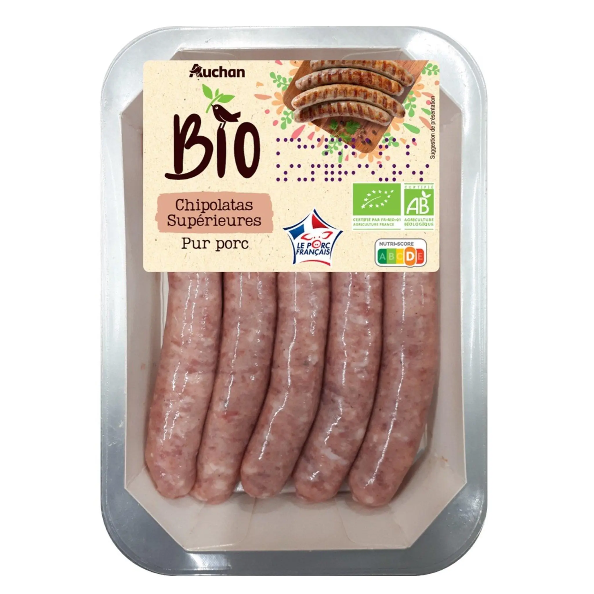 AUCHAN BIO Chipolatas supérieures pur porc