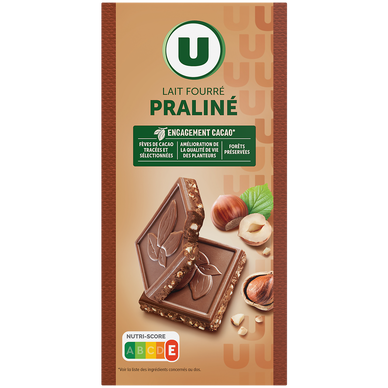 Chocolat au lait fourré praliné et éclats de noisettes caramélisés Tablette de 150g