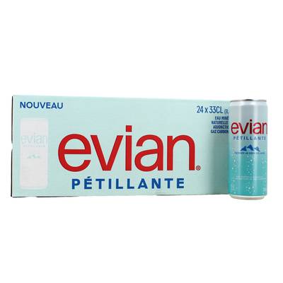 Evian Eau minérale naturelle pétillante en cannette, 24x33cl