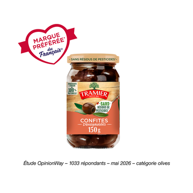 Olives Noires Confites Dénoyautées 150g 100% naturelle sans résidus depesticides TRAMIER 150g